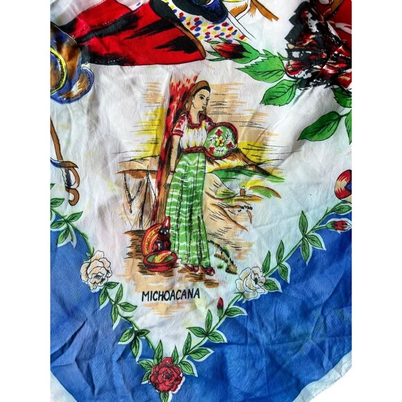 Mexico Souvenir Vintage Scarf Folk Art Illustrations Floral Details - Picture 5 of 10